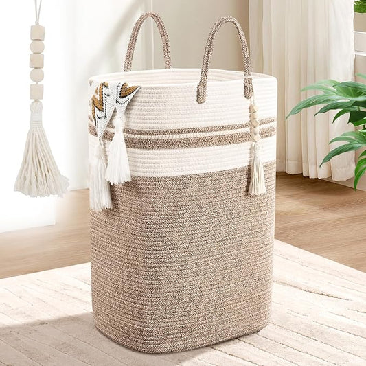 Woven Laundry Basket for Clothes, 50 L Large Rectangle Laundry Hampers with Beads Tassel, Nursery Storage Basket for Toys, Tall Dirty Clothes Hamper for Bedroom Aesthetic, Laundry Room Organization