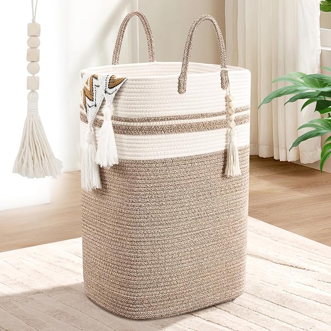 Woven Laundry Basket for Clothes, 80 L Large Rectangle Laundry Hampers with Beads Tassel, Nursery Storage Basket for Toys, Tall Dirty Clothes Hamper for Bedroom Aesthetic, Laundry Room Organization