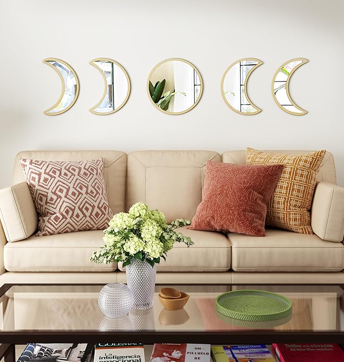 Stylish Moon Phase Wall Mirrors Set – 5-Piece Decorative Acrylic Bohemian Mirrors for Home Decor, Living Room & Bedroom Room(RAW)