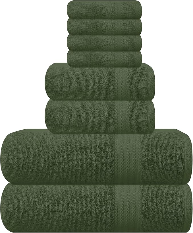 GLAMBURG Ultra Soft 8-Piece Towel Set - 100% Pure Ring spun Cotton, Contains 2 Oversized Bath Towels 27x54, 2 Hand Towels 16x28, 4 Wash Cloths 13x13 - Ideal for Everyday use, Hotel & Spa - Olive Green