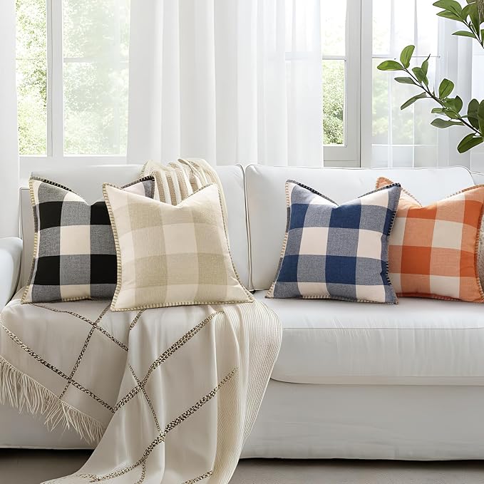 decorUhome Buffalo Plaid Check Throw Pillow Covers 18x18 Set of 2, Outdoor Linen Decorative Farmhouse Gingham Pillow Covers with Stitched Edge for Bed Couch Sofa, Navy Blue and White