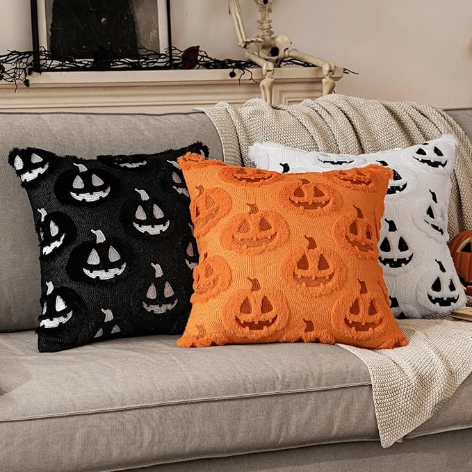 MIULEE Fall Halloween Throw Pillow Covers 18x18 Decorative Pumpkin Pattern Pillowcases Soft Plush Faux Wool Cushions for Home Patio Sofa Couch,Black