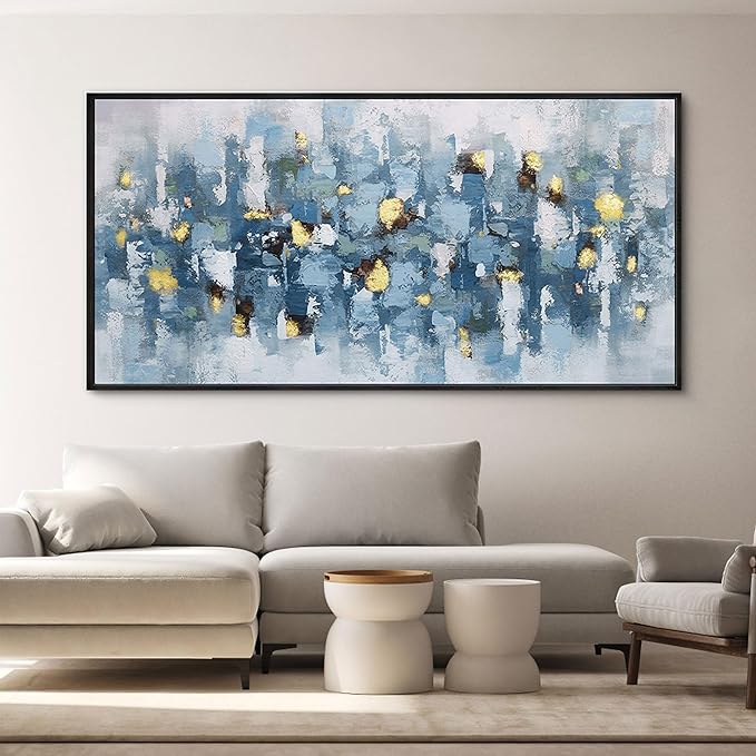 KLAKLA Blue and White Abstract Wall Art - Living Room Wall Decor Gold Picture Artwork for Walls Prints Paintings Framed Canvas Bedroom Office Guest Room Home Decoration 58x29 Inches