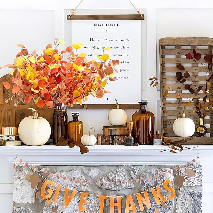 SITUMEIZI 6 Pcs Fall Stems Eucalyptus Artificial Fall Leaves Tall Autumn Decor 24" Foam Leaf Branches for Fall Halloween Thanksgiving Decoration Floral Arrangements