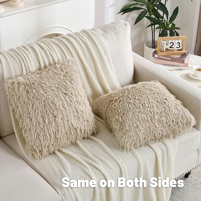 FUTEI Apricot Decorative Throw Pillow Covers 16x16 Inch Set of 2,Soft Fluffy Faux Feather Texture Cushion Cases,Modern Home Luxury Decor for Couch Bed Living Room