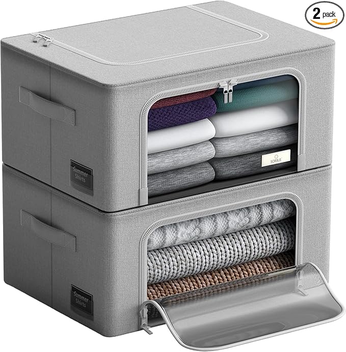 Sorbus Storage Bins with Metal Frame - Stackable & Foldable Clothes Organizer Bags - Oxford Fabric Storage Containers with Large Clear Window & Carry Handles, Bedroom Organization for Bedding & Linen