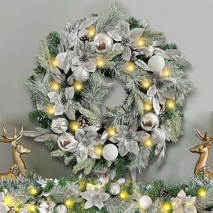 WANNA-CUL Pre-Lit 6 ft/ 72 Inch Christmas Garland with Lights for Front Door Decor with Silver White Christmas Ball Ornaments and Poinsettia Flowers,Battery Operated 30 LED Lights