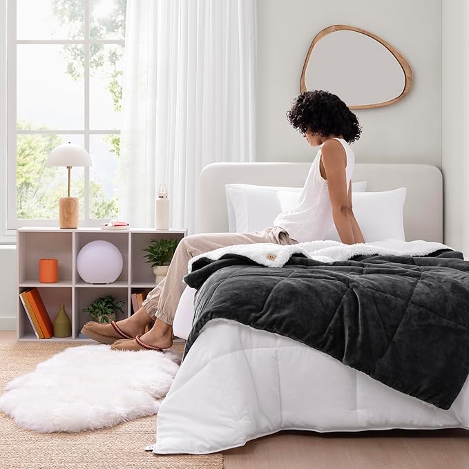 UGG Nita Throw Blanket Soft Reversible Plush Throw for Couch or Bed Washable Warm Fluffy Blanket for College Dorm Essentials and Bedding with Down Alternative Fill, 50-inch x 70-inch, Charcoal Grey