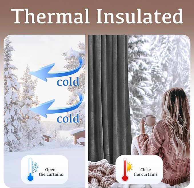 StangH Grey Velvet Curtains 96 inches - Thick Plush Velvet Blackout Drapes, Back Tab Design Insulated Window Covering for Living Room/French Door, W52 x L96, 2 Panels