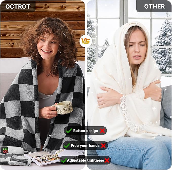 Heated Electric Blanketc Throw, 50X60 Heating Blanket with 10 Heat Level & 8 Hours Auto Off for Lap, Black Gray Checkered Plaid Soft Sherpa Blankets Warmer Gifts for Couch Grandma Women Adults, ETL