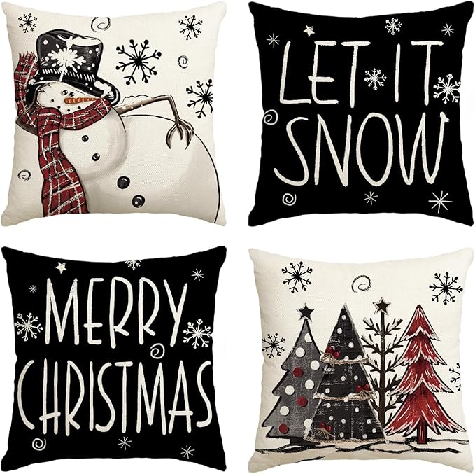 AVOIN colorlife Merry Christmas Snowman Let It Snow Black Throw Pillow Covers, 20 x 20 Inch Xmas Tree Winter Holiday Cushion Case Decoration for Sofa Couch Set of 4