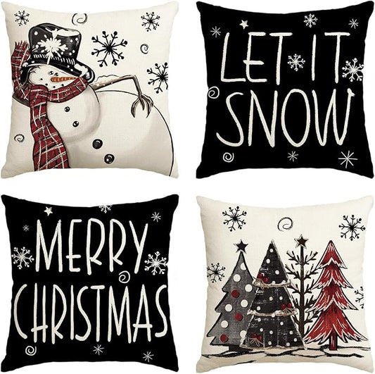 AVOIN colorlife Merry Christmas Snowman Let It Snow Black Throw Pillow Covers, 20 x 20 Inch Xmas Tree Winter Holiday Cushion Case Decoration for Sofa Couch Set of 4