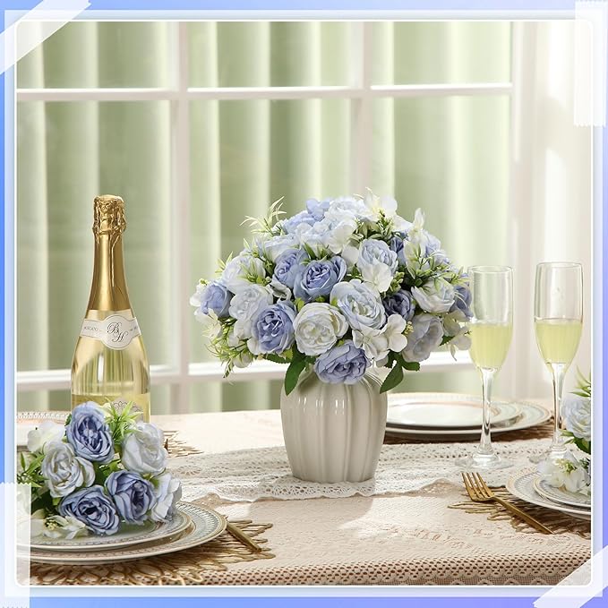 Geosar 16 Bundles Artificial Peonies Flowers Fake Silk Peony Bouquet Faux Peonies Flowers Bulk for Decoration Vase Florals Arrangements Wedding Party Table (Gradient Blue)