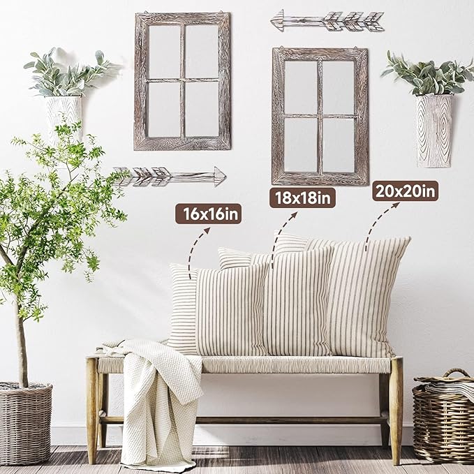 YCOLL Christmas Pillow Covers 16x16, Modern Accent Square Throw Pillow Covers Set of 2, Red and Beige Striped Patchwork Linen Decorative Pillows Cushion Covers for Christmas Decorations