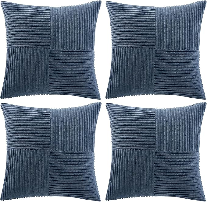 Fancy Homi 4 Packs Dusty Blue Decorative Throw Pillow Covers 18x18 Inch for Living Room Couch Bed, Farmhouse Boho Home Decor, Soft Cross Corduroy Patchwork Textured Square Cushion Case 45x45cm