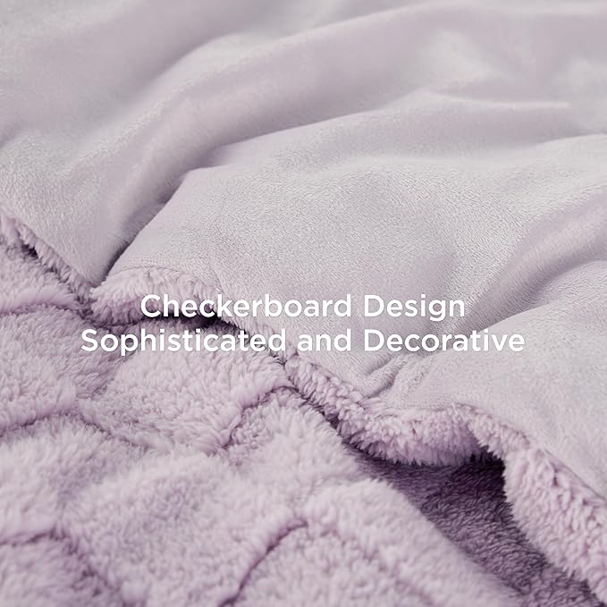 Bedsure Queen Fluffy Comforter Set, Light Purple Plush Fleece Bed Set, Checkered Farmhouse Boho Soft Warm Bedding for Winter, 3 Pieces, 1 Comforter (90"x90") and 2 Pillowcases (20"x26")