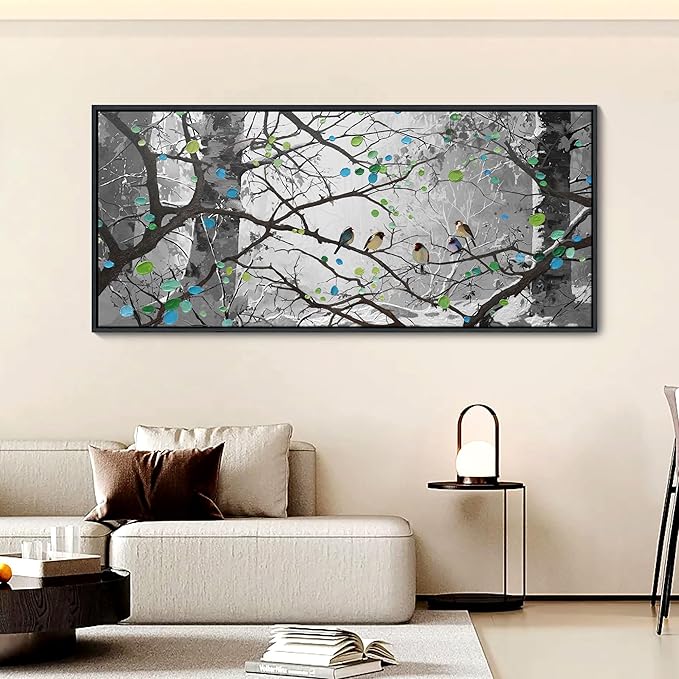 YCPRIMER Grey Wall Art Bird on Branch Misty Forest Canvas Artwork Modern Framed Canvas Painting Decorative Wall Art Home Decor Can Be Hung Directly Dining Room Living Room Bedroom Office Size 70x31 Inches