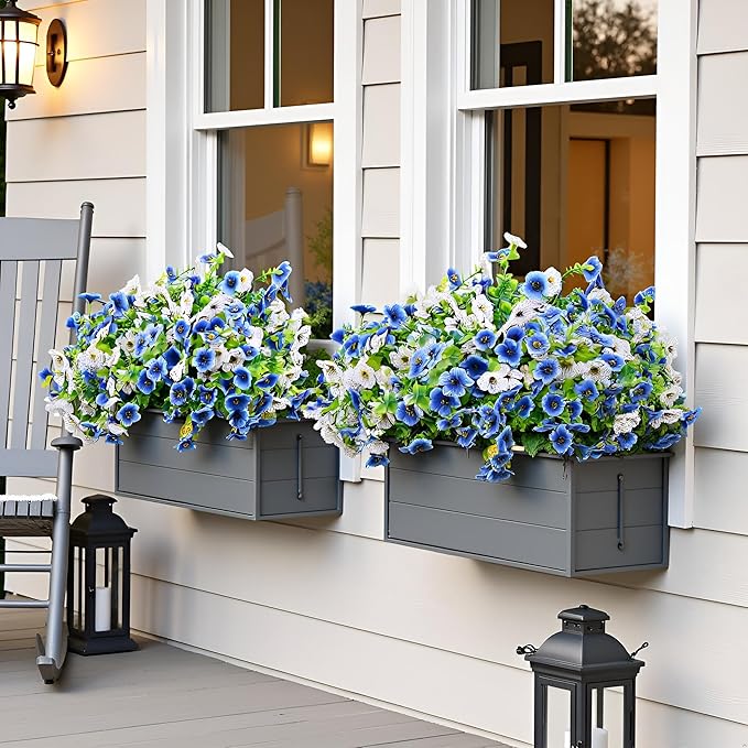 LADADA 6 Bundles Artificial Fake Flowers，Fake Blue Silk Daisy with Eucalyptus for Planter Pot UV Resistant Realistic for Outside Porch Home Patio Garden Decoration (White Blue)