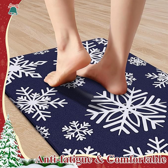 SHACOS Christmas Kitchen Rugs Set of 2 Anti-Fatigue Kitchen Mats Cushioned Blue Christmas Kitchen Rugs White Snow Farmhouse Kitchen Mats and Rugs for Xmas 17x27.5+17x47, Blue Snowflakes
