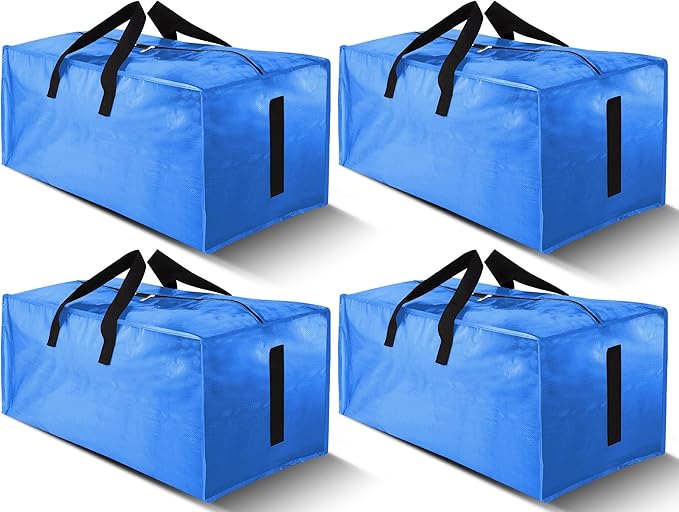 4 Pack Large Strong Moving Bags with Zippers & Carrying Handles - Water-Resistant - Heavy Duty Storage Tote for Space Saving, Fold Flat, Alternative to Moving Box (Sky Blue)