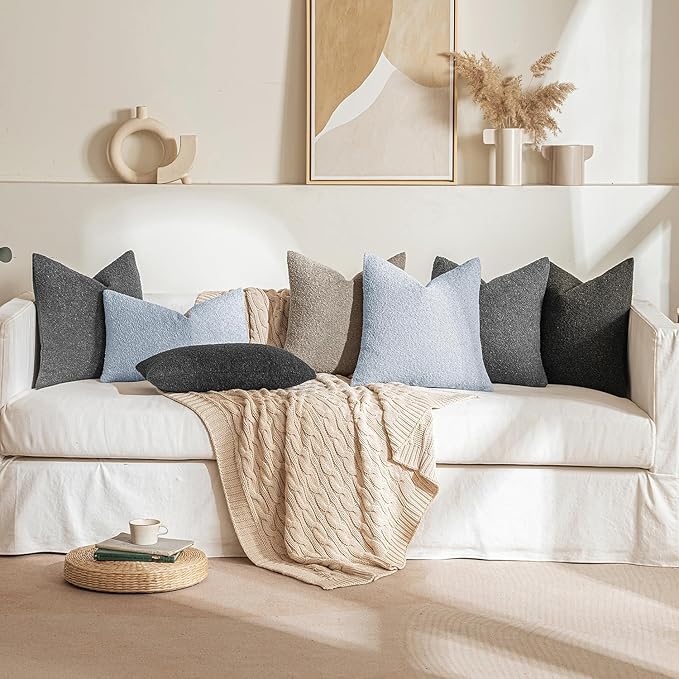 MIULEE 24x24 Decorative Euro Sham Throw Pillows for Bed Set of 2 Textured Boucle Neutral Throw Pillow Coverss Light Blue Accent Solid Couch Pillowcase Cozy Soft Sofa Livingroom Home Decor