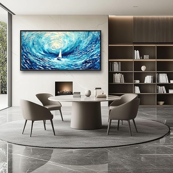 Sailboat Large Framed Wall Art Blue Sea Ocean Pictures Abstract Marine Nautical Fish Oversized Wall Decor Canvas Print Painting Aesthetic Modern Artwork for Living Room Bedroom Office Bathroom Home Decor 60L"x30W"