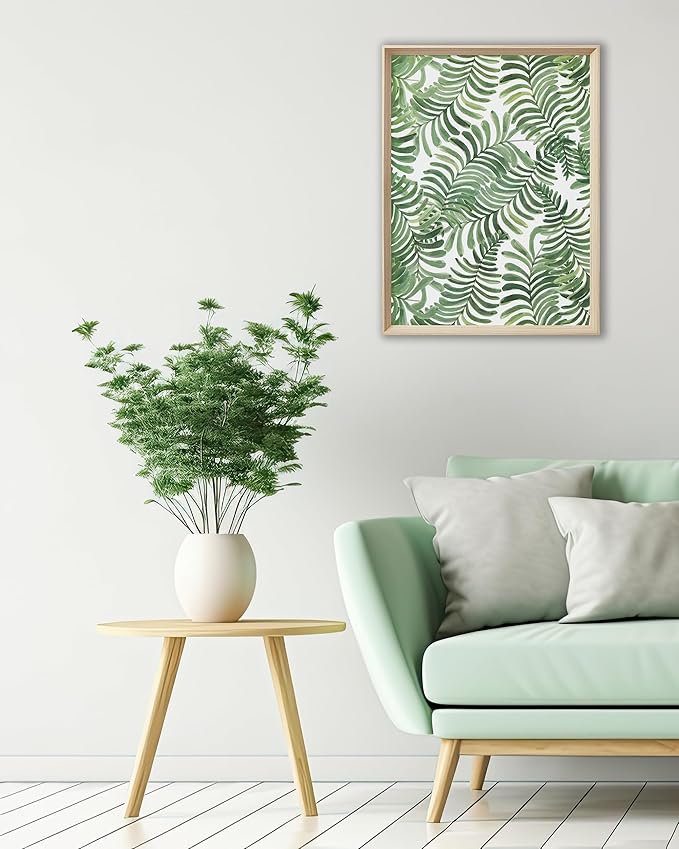 UPWOIGH Framed Green Wall Art(No Plexiglass), Palm Leaves Canvas Wall Art,16x12in Botanical Wood Bohemia Sage Wall Decor Prints Artworks for Living Room Bedroom, Plant Neutral Wall Decor Set of 3