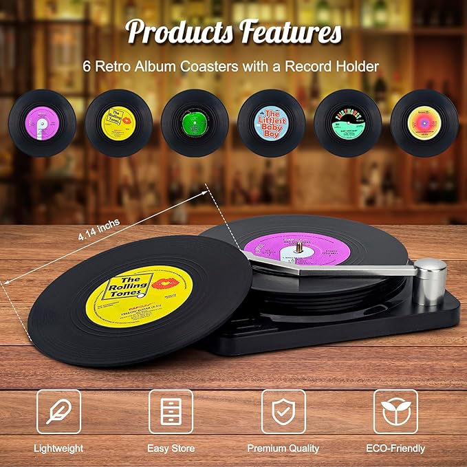 Valdivia Vinyl Record Coasters for Drinks with Records Player, Retro Album Coasters Set of 6, Funny New Home Decor for Housewarming Gifts, Music Lovers Presents, Cool Apartments Decoration Gifts Ideas