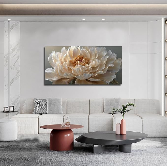 Large Floral Canvas Wall Decor for Bedroom Living Room Office Light Yellow Wall Art Flower Picture Art White Peony Modern Artwork Posters 24"x48"