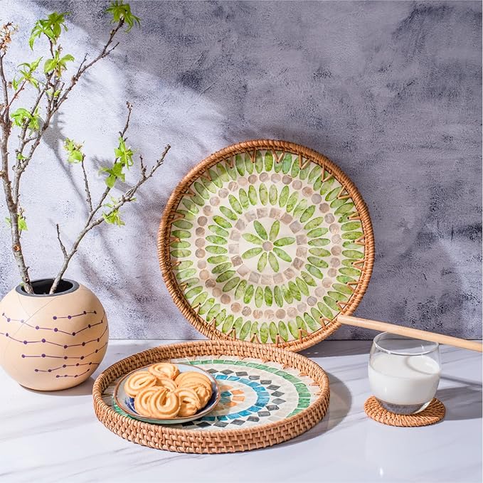 11.8' Wicker Round Rattan Mother of Pearl Serving Basket Tray for Décor Coffee Table | Large Boho Circle Woven Decorative Trays for Outdoor, Home, Kitchen Display (Forest)