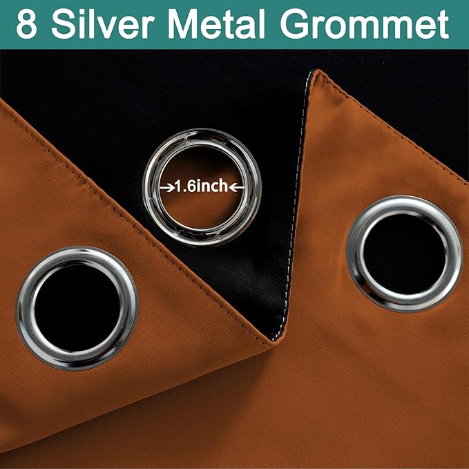 Yakamok Orange 100% Blackout Curtains, Total Blackout Lined Curtain Panels for Bedroom, 2 Thick Layers Grommet Top Thermal Insulated Blackout Drapes for Living Room(52Wx84L, Burnt Orange, 2 Panels)