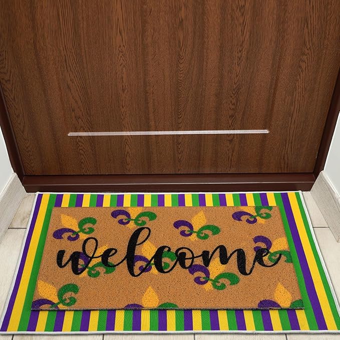 2 Pcs Door Mat Welcome Non Slip Coir Mats Floor Layering Doormats Seasonal for Front Porch Entryway Decor(Mardi Gras)