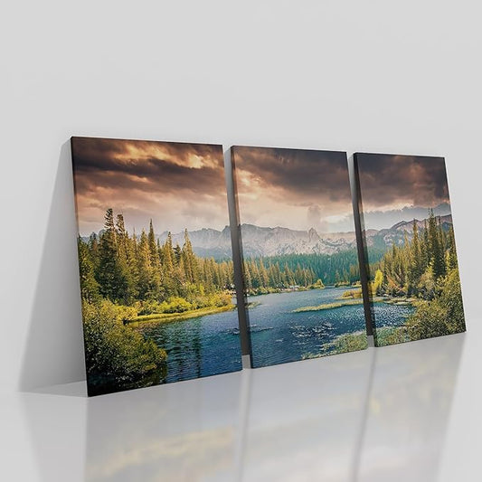 3 Piece Landscape Lake Wooden Framed Canvas Wall Art Mountains Forest Picture Print Nature Park Large Poster Painting Artwork for Living Room Office Wall Decoration Ready to Hang [72''Wx 36''H]