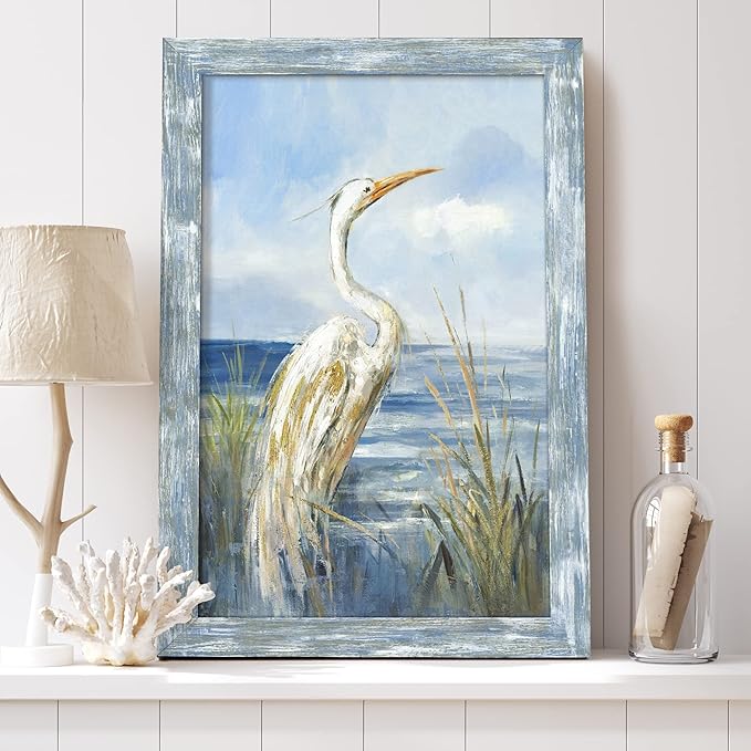 Framed Sea Bird Wall Art: Wooden Blue Coastal Ocean Scene Picture Heron on Beach Painting Artwork Modern Bedroom Bathroom Living Room Wall Decoration Home Office Decor 24”x16”