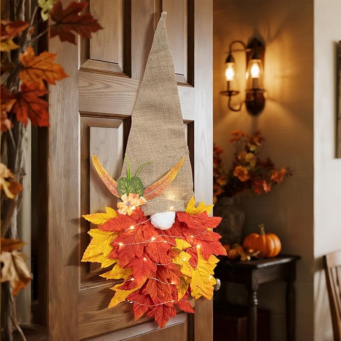 Fall Wreaths Gnome Door Hanging Garland with Maple Leaves LED String Lights, Artificial Maple Leaves Wreath for Autumn Harvest Thanksgiving Decoration Home Indoor Outdoor A