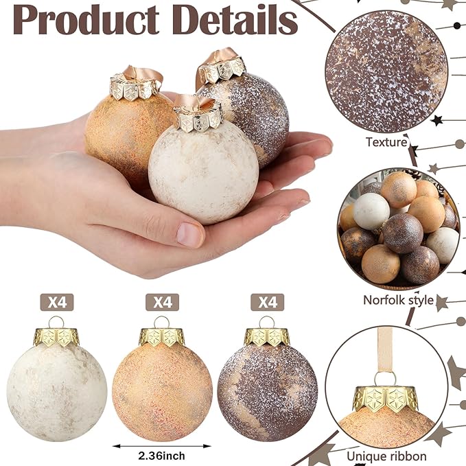 12 Pcs Neutral Textured Christmas Ball Ornaments 2.36'' Vintage Christmas Tree Decor Modern Rustic Brown Ornaments with Loop Shatterproof Hanging Ball for Xmas Farmhouse Decor (Light Brown)