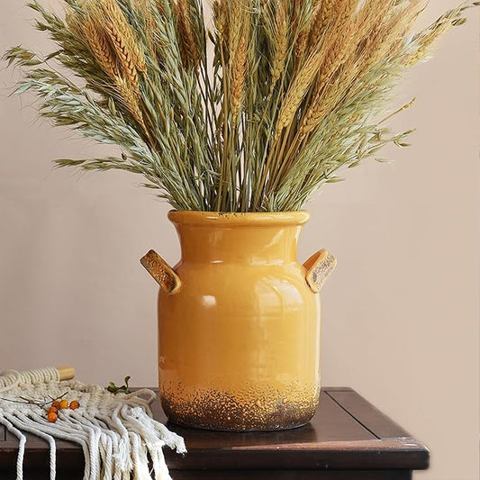 Quoowiit Ceramic Rustic Farmhouse Vase, Distressed Decorative Flower Vases for Home Decor, Ideal Shelf Decor, Yellow Boho Vase for Living Room Bedroom Kitchen Office Centerpiece Table Decorations