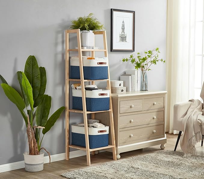 DECOMOMO Storage Bins Fabric Storage Baskets for Shelves, Linen Closet Organization Toys Nursery (Navy Blue and White, Large - 4 Pack)