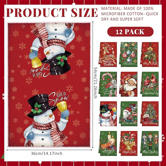 12 Pcs Christmas Kitchen Towels and Dishcloths Absorbent Christmas Tree Reindeer Truck Hand Dish Towels Decoration for Xmas Home Gift Supplies, 14.2 x 21.3 Inch (Exquisite Style)