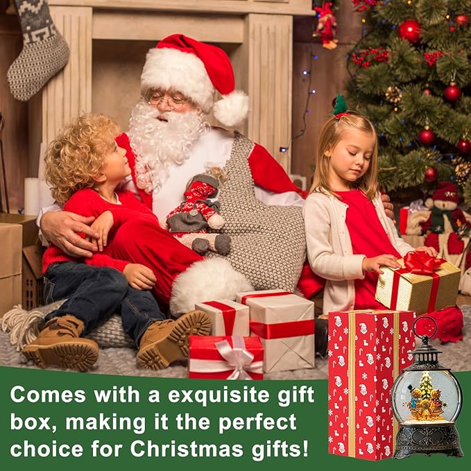 Christmas Snow Globe Lighted Gingerbread Man Family Scene, Musical Snow Water Lantern Swirling Glittering Home Decoration and Gift, Battery Operated or USB Powered