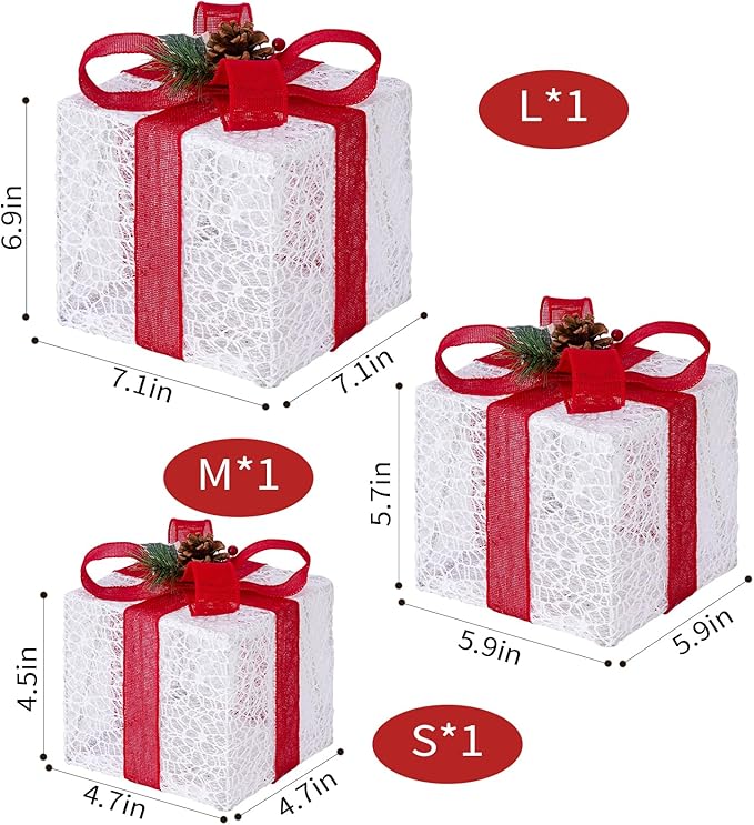 Christmas Lighted Gift Boxes with Lace Cloth, Pre-lit Lights Gift Boxes Set of 3, Light up Present Boxes Set Battery Operated with Different Sizes for Holiday Indoor Outdoor Decorations