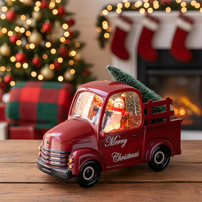 Christmas Snow Water Lantern Glittering Snowman and Pup in Red Truck with Christmas Tree, USB Lined/Battery Operated Lighted Spinning Lantern for Christmas Festival Decoration Gifts