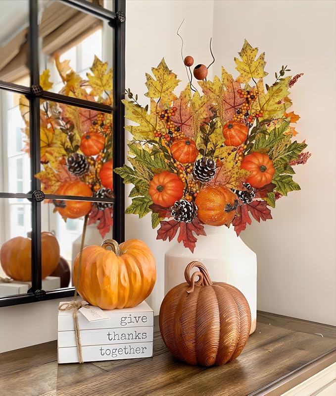 Artificial Fall Branches Table Centerpieces, Fake Pumpkins Pinecones Maple Leaves with Berries, 23.6" Fall Stems for Vase Falls Floral Stems Autumn Décor Farmhouse Kitchen Table Decorations 2 Pcs