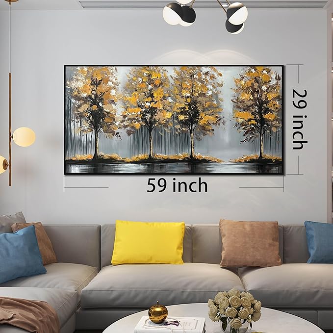 Gold Tree Canvas Hand Painted Wall Art for Living Room - Modern Office Artwork Wall Decor - Framed Wall Art for Bedroom Size 29" x 59"