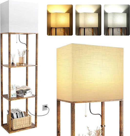 Dott Arts Floor Lamp with Shelves, Wide Floor Lamps for Living Room Display Shelf Lamps with 3 Color LED Bulb,Storage Wood Modern Floor Lamp for Bedroom Standing Lamp for Living Room Office（Brown）