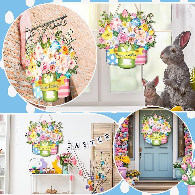 Spiareal Easter Wooden Hanging Door Sign - Floral Spring Decor for Front Door, Indoor/Outdoor Rustic Easter Party