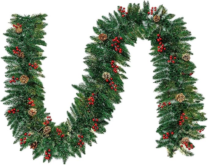 Christmas Garland 10 FT Long- Artificial Christmas Pine Cone Garland with Red Berries- for Mantle Fireplace Stairs Railing Indoor Outdoor Decorations, No Lights, Pack of 2