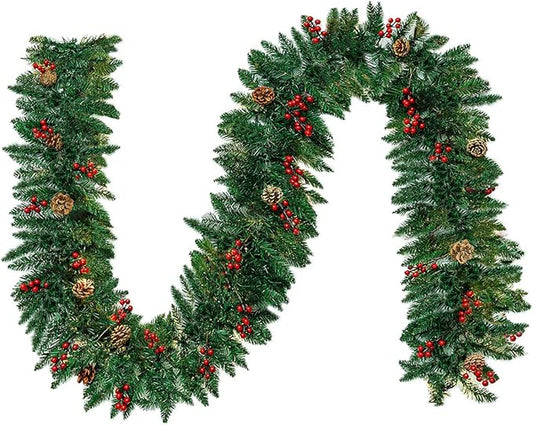 Christmas Garland 10 FT Long- Artificial Christmas Pine Cone Garland with Red Berries- for Mantle Fireplace Stairs Railing Indoor Outdoor Decorations, No Lights, Pack of 2