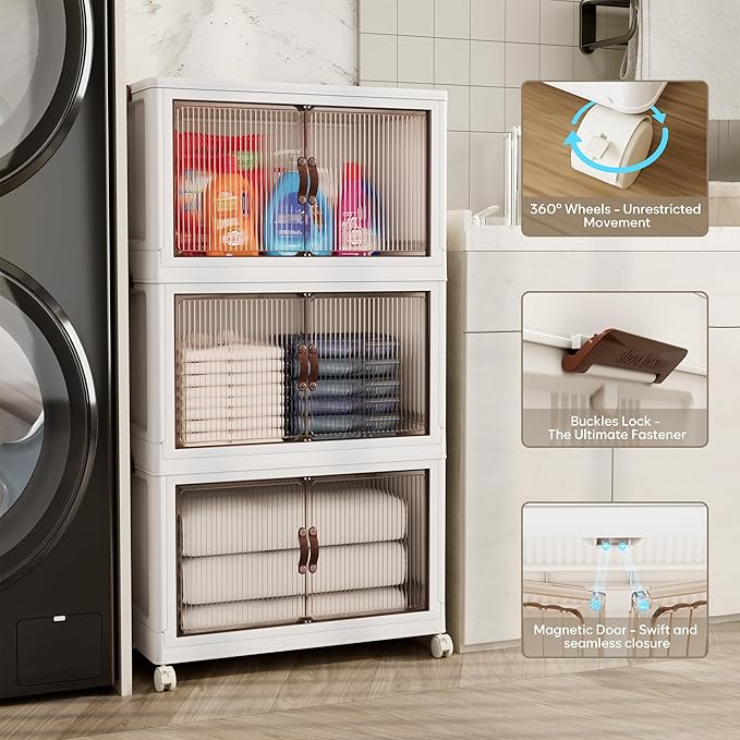 Jalove 50QT Plastic Storage Bins with lids, Stackable Collapsible Storage Containers with Wheels, Closet Organizer and Storage Drawers, Clothes Storage Cabinet for Home Office Garage, 3Pack White