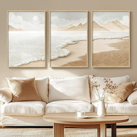 Framed Boho Abstract Beach Wall Art for Living Room, Large Neutral Coastal Canvas Prints Artwork for Walls, Set of 3 Piece Modern Minimalist Ocean Picture Print for Hallway Office Wall Decor, 24x36 In